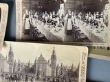 many old photos of people sitting at a long table