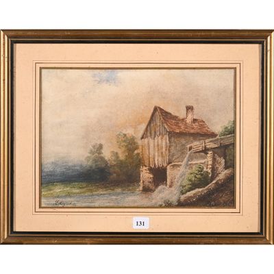 une vieille peinture représentant une maison devant laquelle se trouve une roue à eau