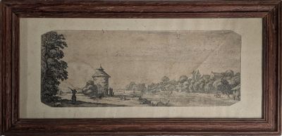 un vieux dessin représentant un paysage avec une église en arrière-plan