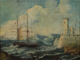 painting of a ship in rough water with a lighthouse in the background