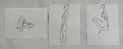 three drawings of a woman sitting on a bed next to a cat