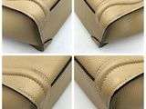 four photos of four different angles of a tan purse