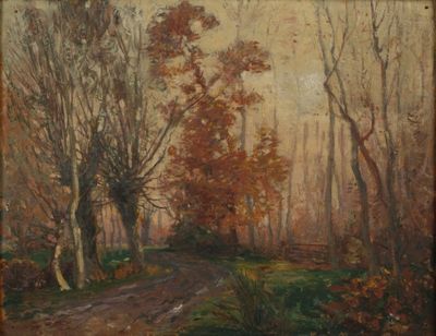 une peinture à l'huile représentant un chemin de terre dans une zone boisée