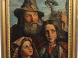 tableau représentant un homme et une femme avec un enfant, ainsi qu'un homme coiffé d'un chapeau