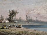 tableau représentant un groupe de personnes assises au bord d'un lac