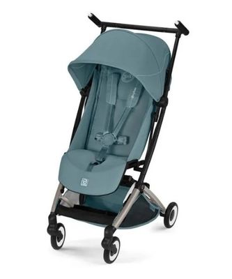 a baby stroller with a blue seat and a black handlebar