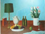 a painting of a table with a bowl of fruit and a vase of flowers
