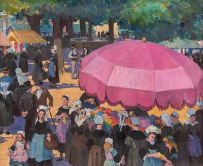 a painting of a crowd of people standing around a pink umbrella