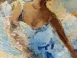 a painting of a woman in a blue dress laying on a bed
