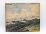 un tableau représentant un paysage avec des collines et des nuages au loin