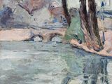a painting of a river with trees in the water