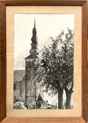 painting of a church with a steeple and a tree in the foreground