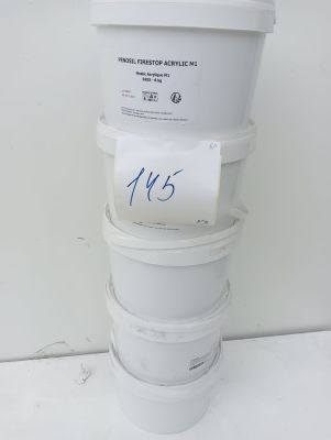 several white buckets stacked on top of each other with a price tag
