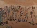 tableau représentant un groupe d'hommes debout devant un mur
