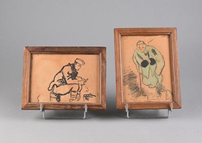 two framed paintings of a man and a woman sitting on a bench