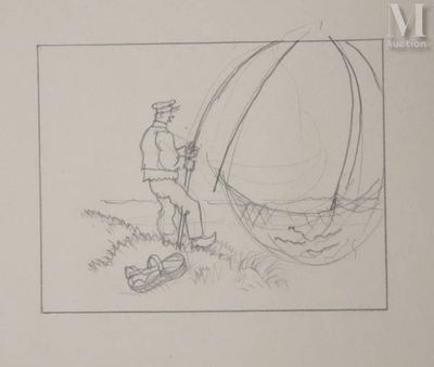 dessin représentant un homme debout dans un champ, un cerf-volant à la main