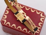 a red box with a gold buckle and a black strap