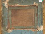 an old wooden frame with a brown and blue paint on it