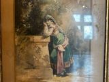 tableau représentant une femme appuyée contre un mur en compagnie d'un chien