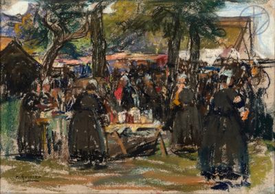 an oil painting of a crowd of people at an outdoor market