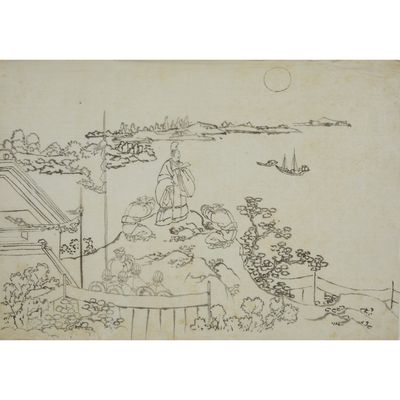 an ink drawing of a woman sitting on a rock overlooking a body of water