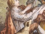 a painting of a woman and a child playing with a dog