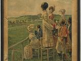 painting of a group of people standing on a field with a horse in the background