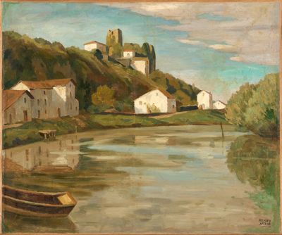 peinture d'une scène de rivière avec un château à l'arrière-plan