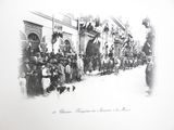 black and white photograph of a crowd of people standing in front of a building