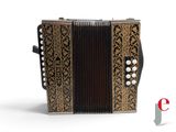 an image of a black and gold accordion sitting on top of a white surface