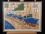 a picture of a painting of boats on the beach