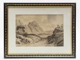 a drawing of a mountain scene with a man sitting on a rock