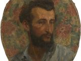 tableau représentant un homme barbu vêtu d'une chemise bleue