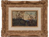 an oil painting of a landscape with trees in a gold frame