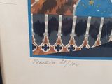 painting of a staircase leading to a building with a clock on it