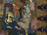 an image of a painting of a man riding a horse in a forest