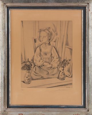 dessin représentant une enfant assise sur une chaise, avec un vase de fleurs devant elle
