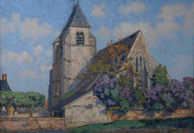 a painting of a church with a steeple and a clock tower
