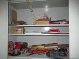 a cabinet with many items on it in the room