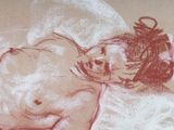 drawing of a nude woman laying on a bed with her head resting on a pillow