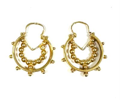 pair of gold tone earrings with beaded details on a white background