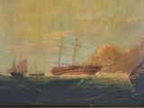 an old painting of a ship in the water near a cliff