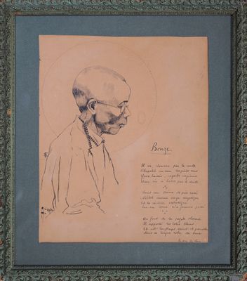 un vieux dessin représentant un homme portant un chapelet autour du cou
