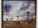 a picture of a painting of a field with power lines