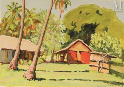 une peinture d'une maison au milieu d'un champ