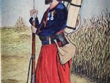 un vieux tableau représentant un homme avec un fusil et un sac à dos