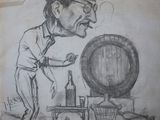 drawing of a man with a hat and a cane standing in front of a barrel