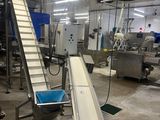 a conveyor belt with a bucket on it in a factory
