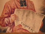 painting of a man reading a newspaper with a pipe in his mouth