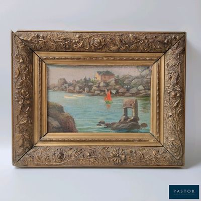 une peinture à l'huile représentant un voilier sur l'eau, avec un château en arrière-plan
